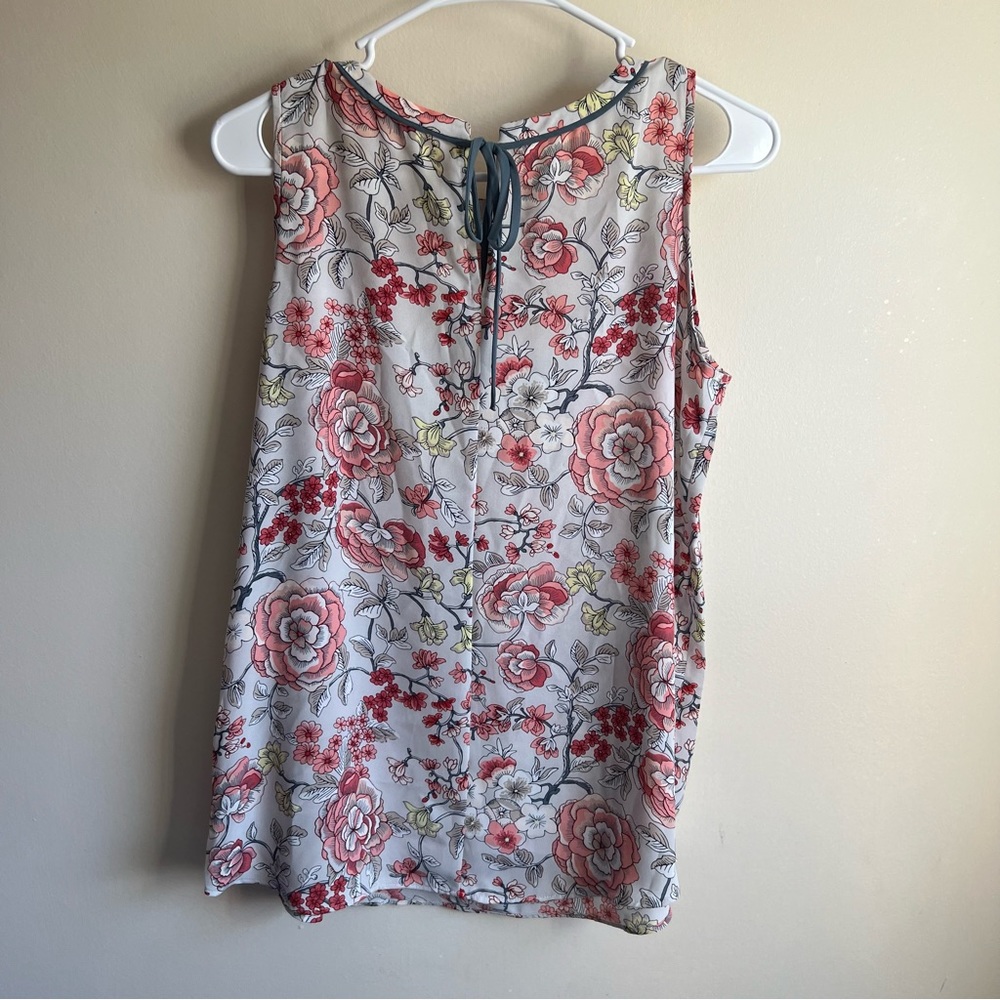 Loft Gray Floral Tie Neck Sleeveless Blouse Tank Top - Picture 3 of 5